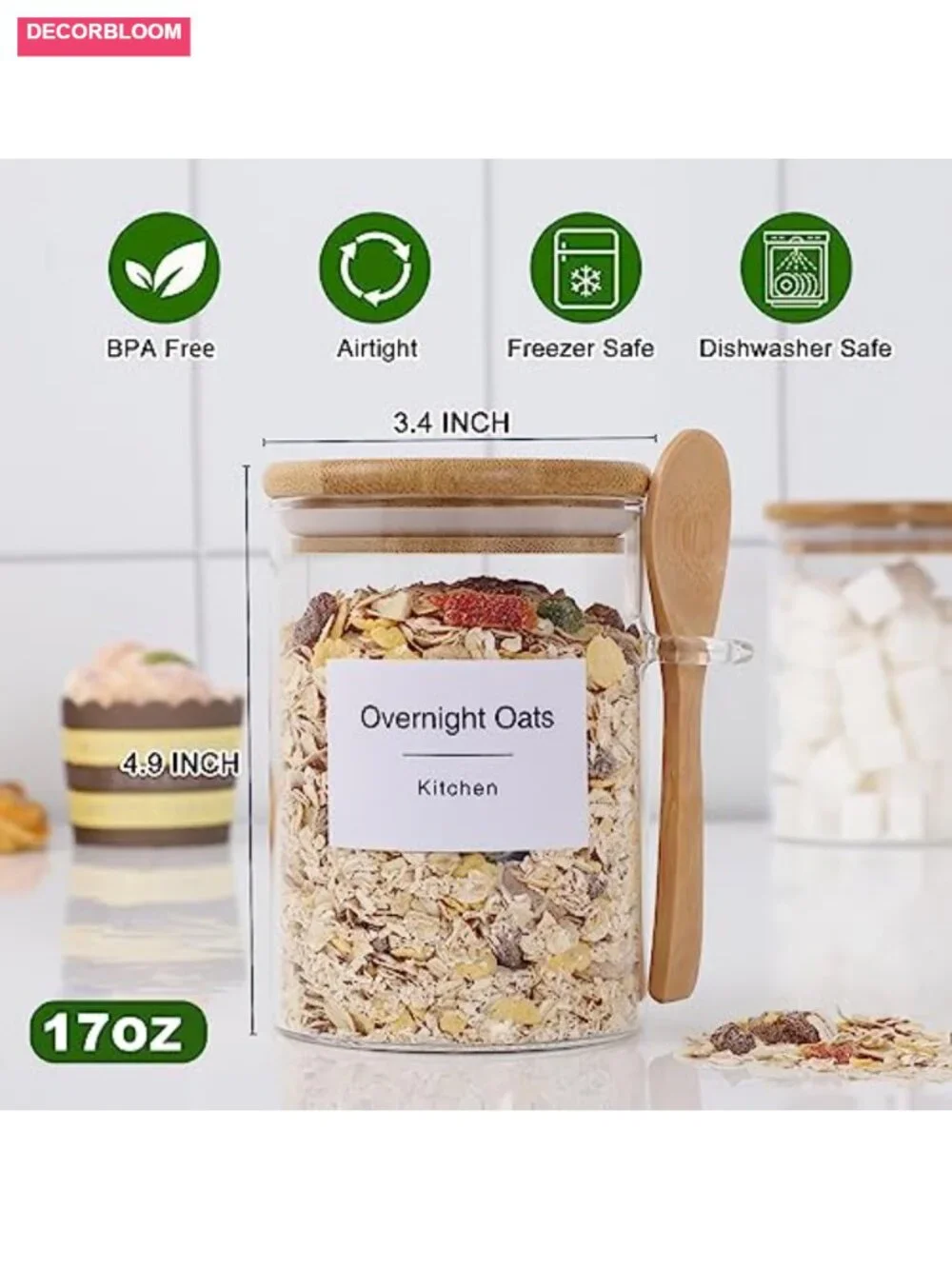 17oz Glass Jar with Bamboo Lid and Spoon - 4 Pack for Kitchen Storage
